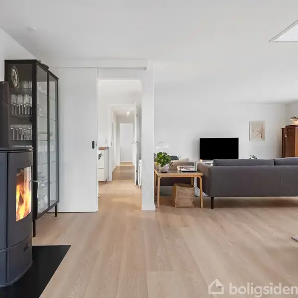 Brændeovn opvarmer stue med lyst trægulv; moderne møbler, sofa og TV står i baggrunden. Store vinduer giver udsigt til grønne omgivelser. Glasskab til venstre.