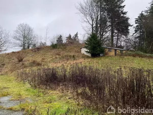 En lille, hvid bygning med et fladt tag står på en bakke omgivet af græs og træer. Det ser ud som om det er et naturligt og lidt vildt område.