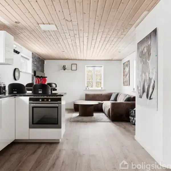 Køkkenet, med hvide skabe og sort bordplade, har en ovn. Sofa og sofabord ses i stuehjørnet. Træloft og lyse vægge dominerer rummets naturlige belysning.