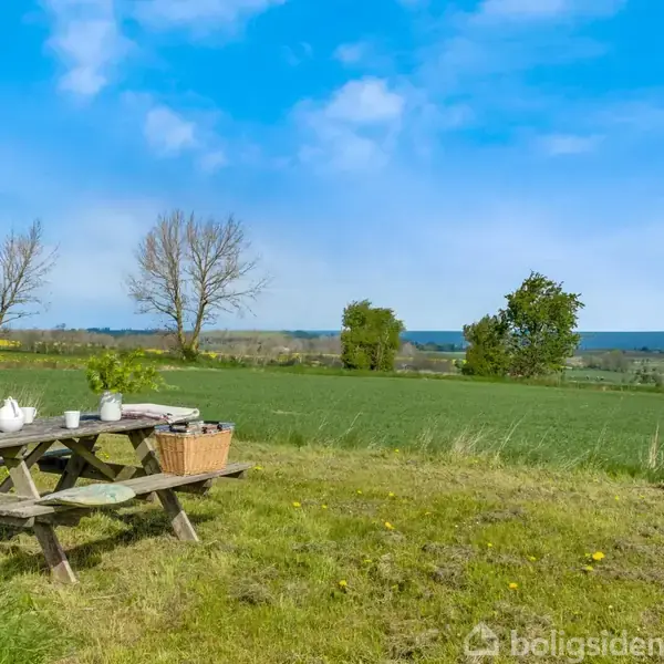 Et træbord med en tepotte og kopper står i en grøn mark med udsigt over åbent landskab og blå himmel.