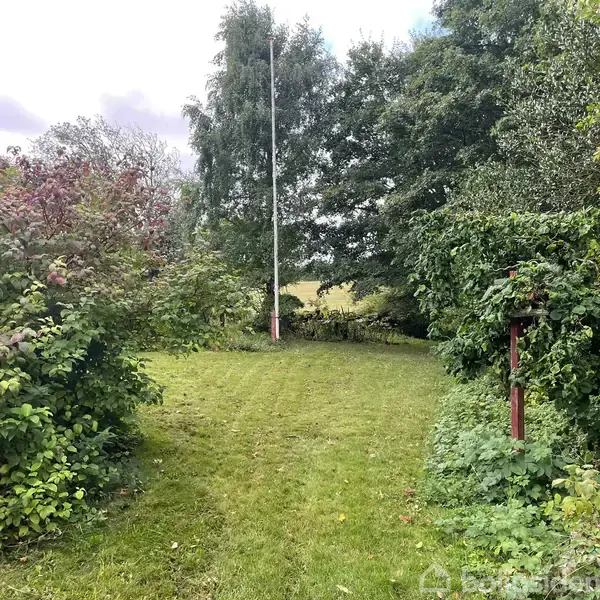 Græsplæne strækker sig mellem tæt beplantede buske og træer, med en høj flagstang i midten. Omkring er grønt løv og en rolig, naturlig atmosfære. Ingen tekst findes.