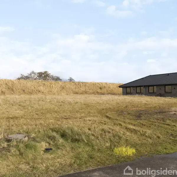 Et græsareal strækker sig foran et hus med sort tag i baggrunden. Huset placeres til højre, omgivet af en åben mark og let overskyet himmel.