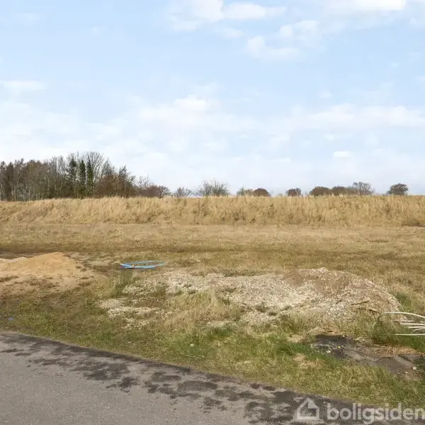 Et åbent græsareal ligger ubenyttet ved siden af en stille vej. I forgrunden er der jordbunke og tørre planter. Skove kan ses i baggrunden under en blå himmel.