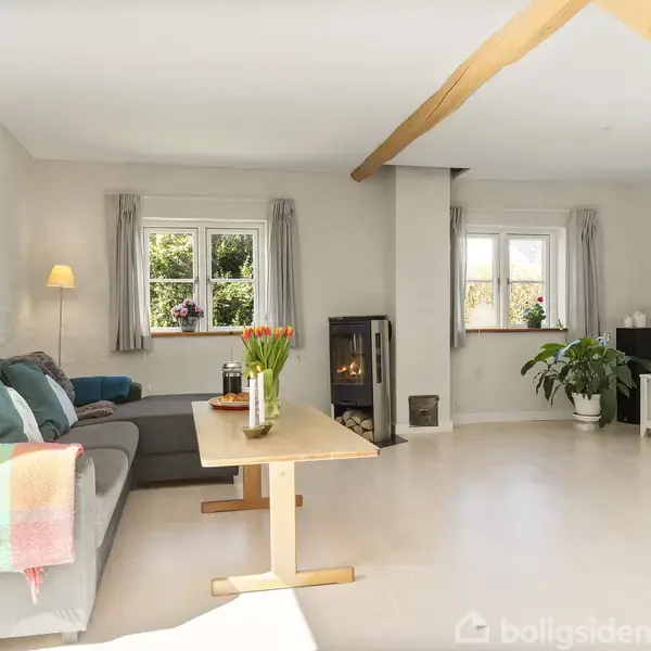 En stue med sofa og tæppe på, står ved et sofabord med blomster. Et vindue på væggen giver naturligt lys. En brændeovn og en fjernsynskærm ses i hjørnet.