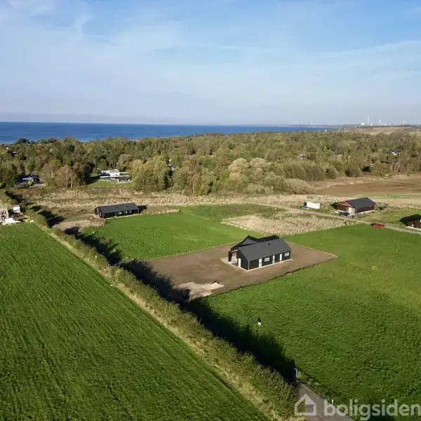 Et sort hus står midt på en grøn mark omringet af andre huse, tæt på en skov og med udsigt over havet i baggrunden.