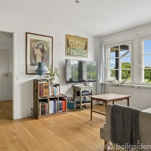 Stue med sofa og fjernsyn placeret på bord, omgivet af bøger og planter. Væggene har kunstværker, og store vinduer viser udsigt til grønne omgivelser.