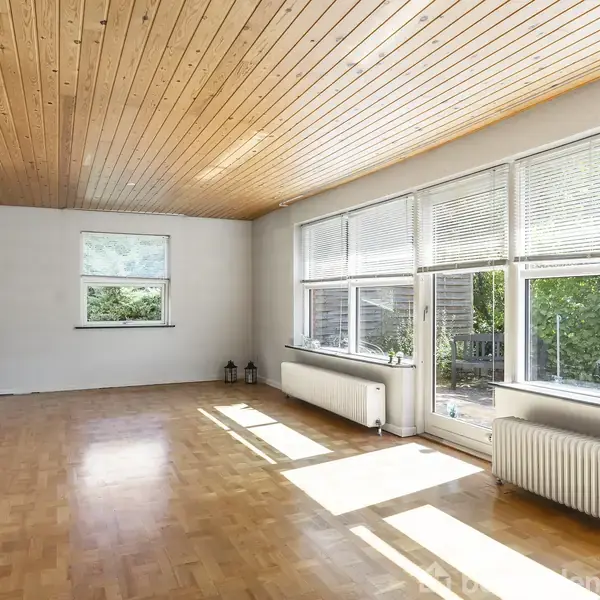 Stue med trægulv og -loft indeholder en enkelt brun sofa. Store vinduer med persienner lukker naturligt lys ind. En plante står i hjørnet. Radiator langs væggen.