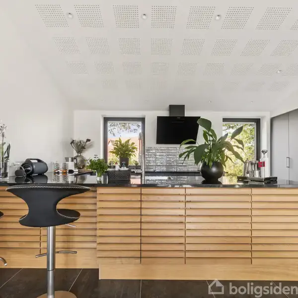 Moderne køkken med træpaneler på øen, to sorte barstole, og grønne planter. Baggrunden viser lysindfald fra vinduer, sorte køkkenapparater, og neutral vægfarve.