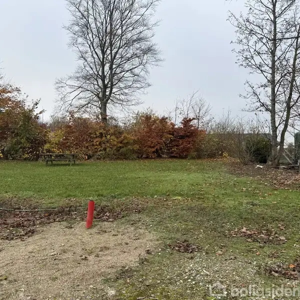 Græsplæne med efterårsfarvede buske i baggrunden. Et bord-bænkesæt står til venstre. Træer omgiver området, og en grussti skærer gennem forgrunden. En grå himmel danner baggrunden.