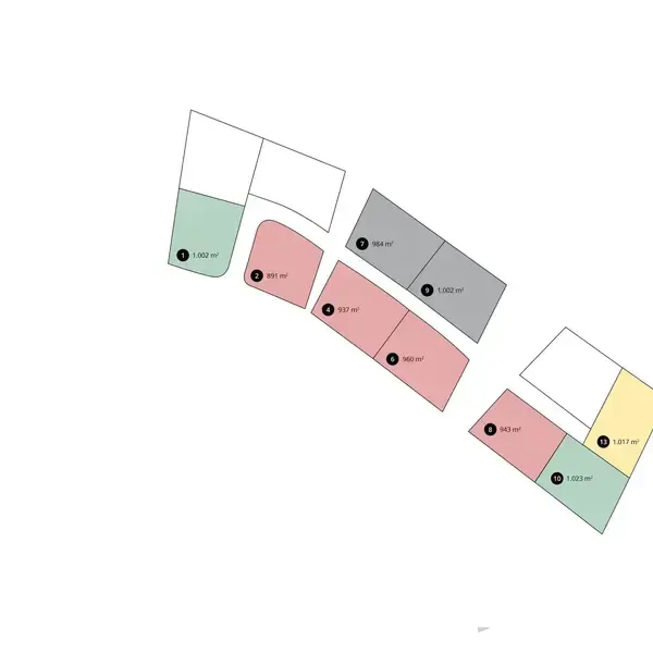 Farvede jordlodder med arealangivelser vises på et kort. Lodderne varierer i farve og størrelse: 1.082 m², 802 m², 964 m², 1.200 m², 802 m², 1.221 m², og 703 m².
