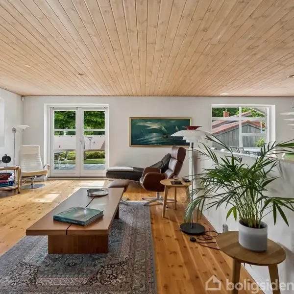 Stue med træloft, hvor en L-formet sofa står foran et træbord på et tæppe. Ved siden af er en grøn plante i potte. Store vinduer giver udsigt til en have.