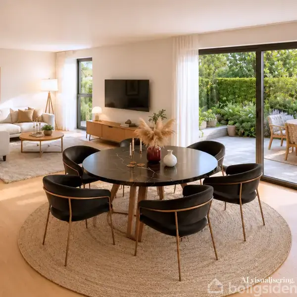Rundt spisebord med seks stole i en moderne stue. Store vinduer giver udsigt til terrasse og have. En sofa og gulvlampe står i hjørnet, skaber en indbydende atmosfære.