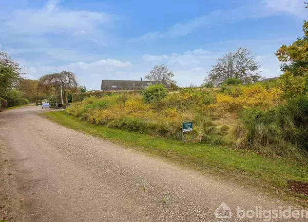 En grusvej strækker sig forbi et græsareal med lav vegetation. I baggrunden ses et hus bag træer. Et skilt ved siden af vejen viser teksten: "Til Salg Lokalt".