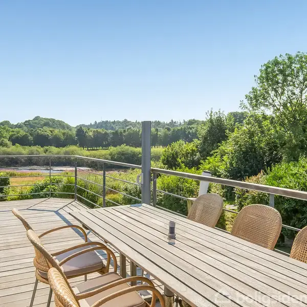 En terrasse med et træbord og fire stole står stille. Baggrunden er frodig med skov og grønne træer under en klar blå himmel.