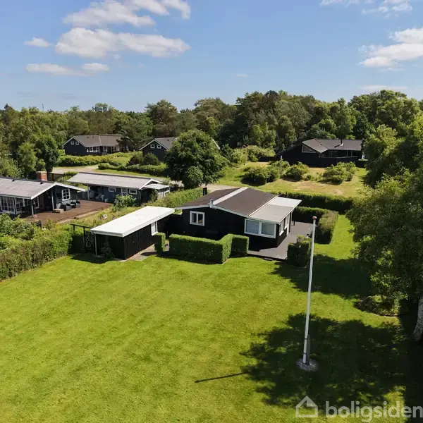 Et sort sommerhus ligger stille i en velholdt græsplæne med grønne hække i forgrunden. Flere huse ses i baggrunden omgivet af tæt skov.