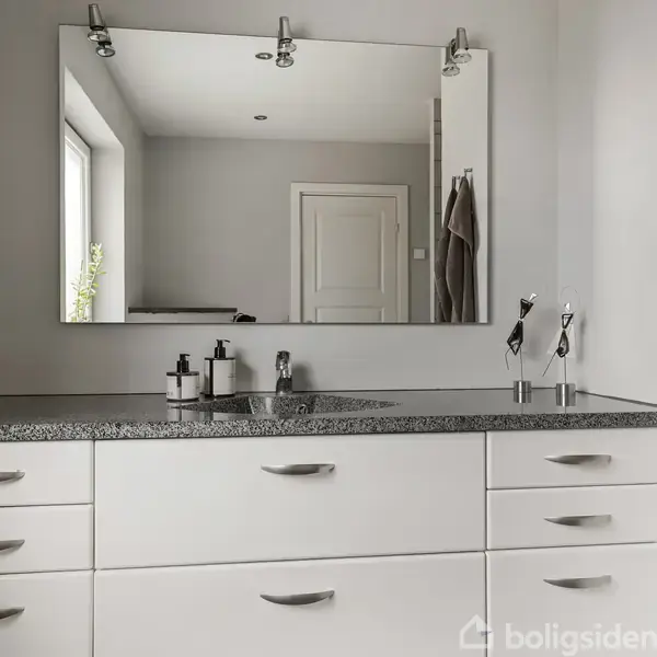 En stor spejl hænger over en hvid håndvask med grå bordplade. Omkring vasken er der sæbedispensere. Til højre hænger en mønstret badekåbe. I baggrunden ses et vindue og en dør.