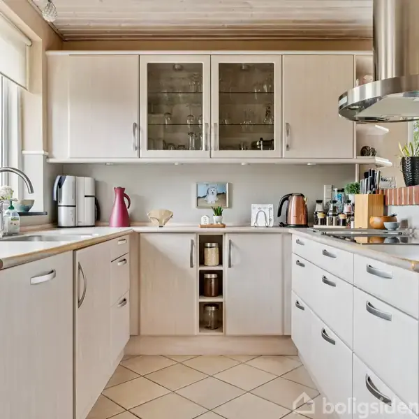 Køkken med hvide skabe og skuffer, opvaskemaskine, kaffemaskine, elkedel, og køkkenudstyr på bordpladen. Overskabe med glaslåger. Omgivet af flisegulv og et stort vindue med udsigt.