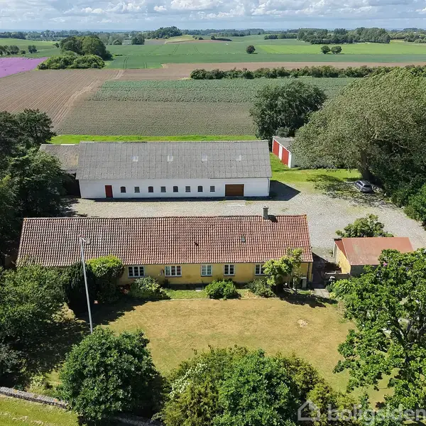 Et gult hus med rødt tegltag omgivet af frodige træer og en stor gårdsplads. Bagved ligger en stor lade. Landskabet er landligt med åbne marker under en blå himmel.