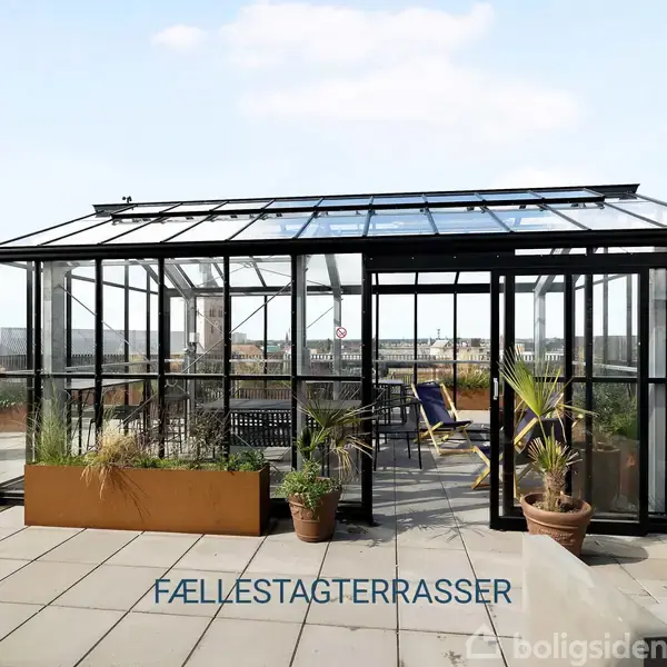 Et drivhus med glaspaneler står på en flisebelagt tagterrasse. Indenfor ses stole og planter. Omgivet af åbent byudsigt og beholder til planter. Tekst: "FÆLLESTAGTERRASSER".
