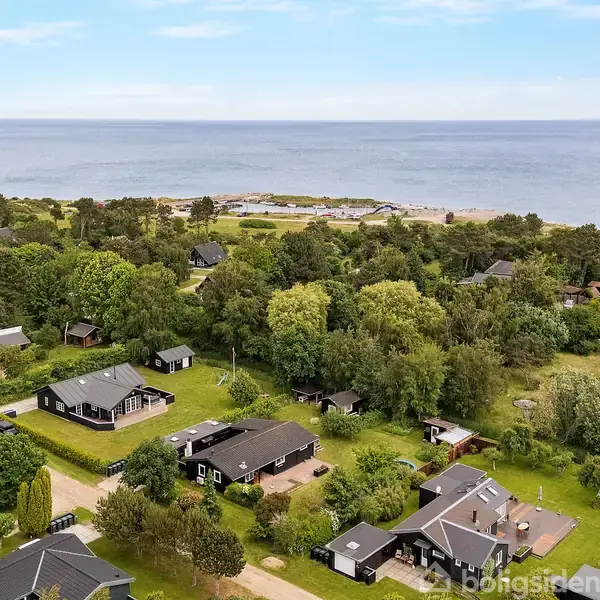 Flere huse ligger spredt ud langs en kyststrækning, omgivet af frodige træer og buske. Havet strækker sig ud i horisonten, og en lys himmel dækker området.