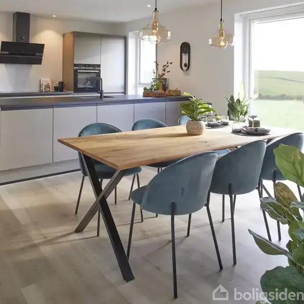 Et moderne køkken med sorte bordplader og integreret vask. En plante og skærebræt står på bordet. I baggrunden ses en døråbning til et spiseområde med et vindue.