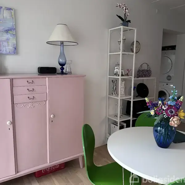 Et lyserødt skab med en lampe og radio ovenpå står ved siden af en hvid reol med pynt. Rundt bord med blomsterbuket i vase, grønne stole og vaskemaskine i baggrunden.
