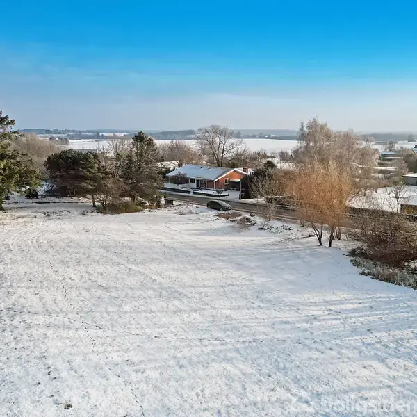 En snedækket mark strækker sig mod horisonten under en blå himmel med skyer. Træer står i kanten af marken, indrammet af vinterlandskabet.