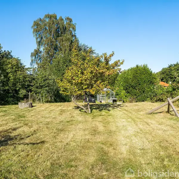 Græsplæne med et enkelt træ står midt i en have. Til venstre ses en brønd, og til højre står en gynge. Baggrunden er fyldt med grønne buske og træer.