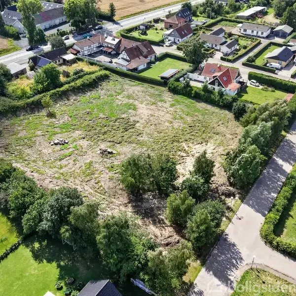 En åben græsmark med spredte træer ligger omgivet af boliger i et parcelhuskvarter, adskilt af en vej med grønne hegn i et landdistrikt.