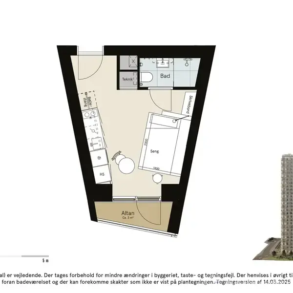Plantegning over Lejlighedstype C, 35 m², viser en lejlighed med stue og køkken, seng, bad og altan. Text: "Tegningsrevision af 14.03.2025." Illustration af en høj bygning i højre hjørne.