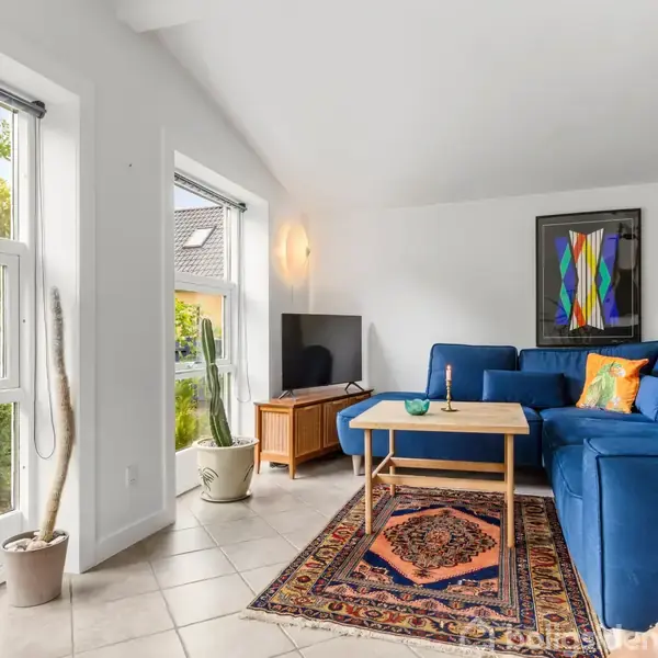 Blå sofa danner hyggelig hjørne i lys stue med store vinduer og grønne planter. Sofabord står på farverigt tæppe, og væggen har et moderne maleri. Ingen tekst.