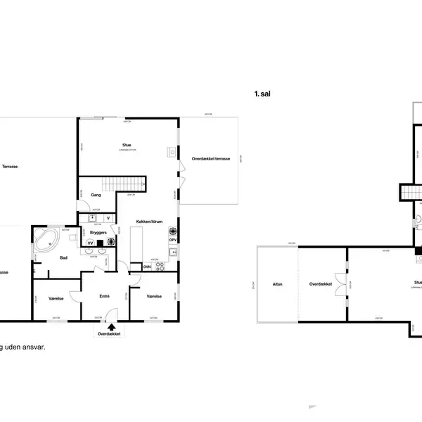 Plantegning viser to etager. Stueplan har stue, køkken/alrum, badeværelse og terrasse. Første sal rummer stue, soveværelse og altan. Tekst: "Stueplan", "1. sal", "Vejledende tegning uden ansvar." Nordpil skitseret.
