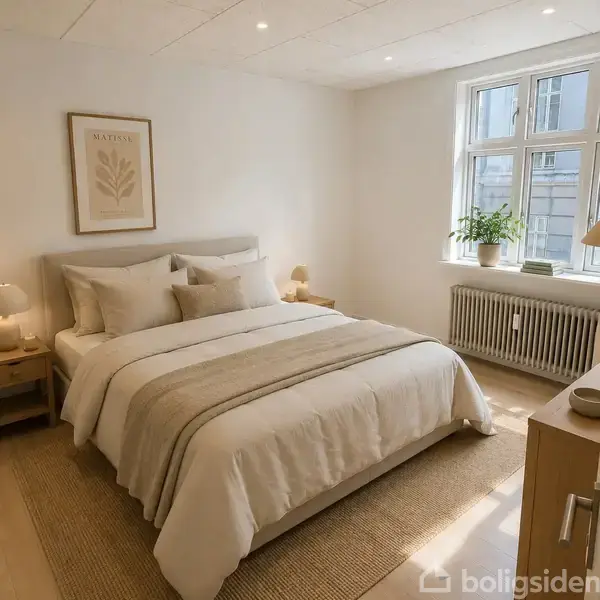 Seng står centralt med hvidt sengetøj og puder, flankeret af natborde med lamper. En plakat med teksten "MATISSE" hænger på væggen. Et vindue lader lys ind, ved siden af en radiator og en plante.