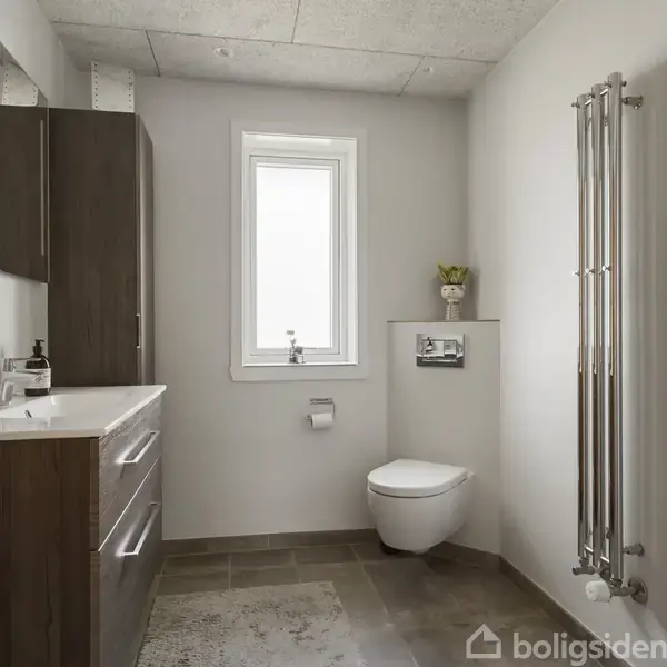 Et moderne badeværelse med et væghængt toilet, et mørkt skab med håndvask, et spejl og en metalradiator. Rummet er lyst med et vindue og en plante over cisternen.