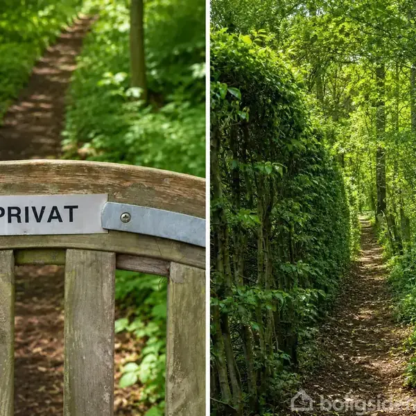 Træport med skiltet "PRIVAT" adskiller to grønne skovstier. Den ene sti er smal og omgivet af tætte, grønne træer og buske, hvilket skaber en frodig, naturlig atmosfære.