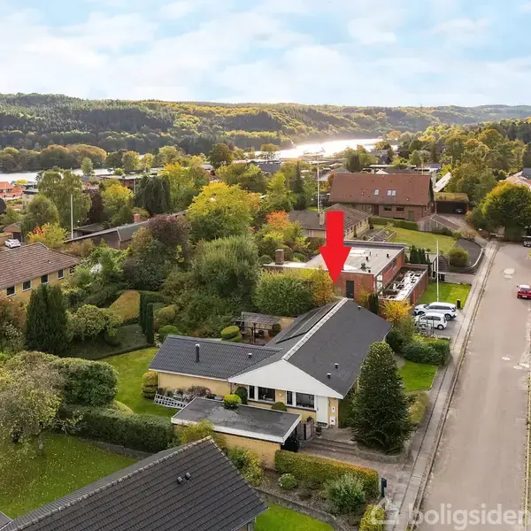 Rødt pilpeger mod et hus med mørkt tag i et villakvarter, omgivet af velplejede haver og græsplæner. En stille vej løber forbi med skove og en sø i baggrunden.