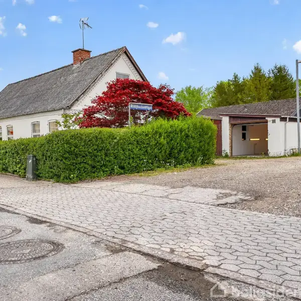 Hvidt hus med gråt tag står bag en grøn hæk. Til venstre er en rød busk, og en hvid garage ses i baggrunden. Fliser danner fortovet i boligområdet.