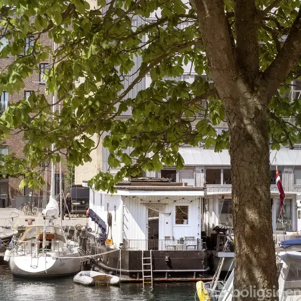 Et træ med grønne blade hænger over en lille hvid bygning ved en marina. Både er fortøjet i vandet. Baggrunden viser murstensbygninger, skaber en urban havneatmosfære.