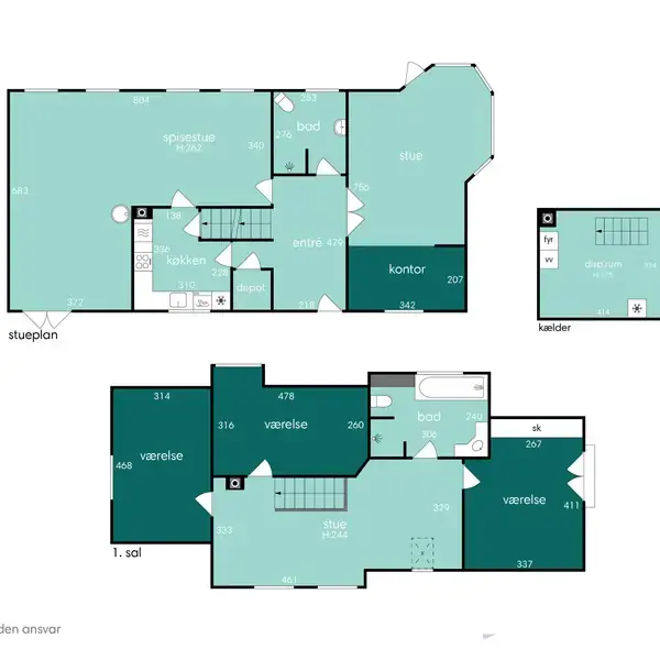 Grundplan af et hus med tre etager: stueplan, 1. sal og kælder. Stueplan har spise- og opholdsstue, køkken, kontor, og badeværelse. 1. sal har tre værelser og badeværelse. Kælderen har et opbevaringsrum. Tekst: "vejledende tegning uden ansvar." Kompasnål i højre hjørne.