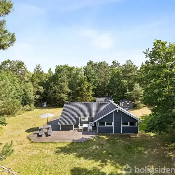 Et sort sommerhus med en overdækket terrasse står i en åben græsplæne omgivet af træer. Et legehus og en rutsjebane ses til venstre under træerne.