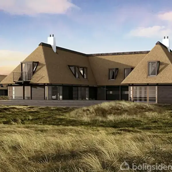 Stor moderne villa med stråtækt tag står stille i et åbent landskab præget af højt græs og en klar himmel. Huset har store vinduer og mørkt træpanel.
