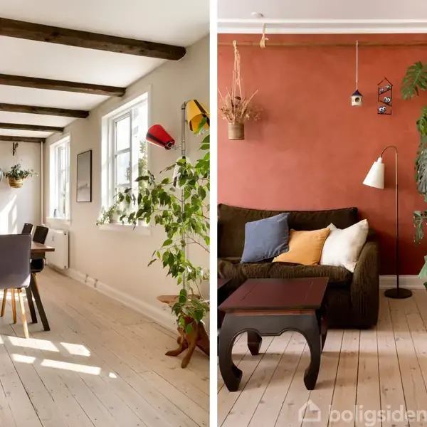 Spisestue og stue i moderne bolig; spisebord med stole på lyse trægulve, store vinduer, kunstværk på væggen. Stue med sofa, farvede puder, bord, planter mod rød væg.