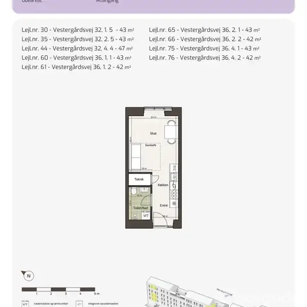 Plantegning viser en lejlighedsindretning med stue/soveområde, køkken, entré og badeværelse. Tekst indeholder: "Lejl.nr. 60 - Vestergårdsvej 36, 1.1 - 43 m²", "Lejl.nr. 61 - Vestergårdsvej 36, 1.2 - 42 m²", "Lejl.nr. 76 - Vestergårdsvej 36, 4.2 - 42 m²".