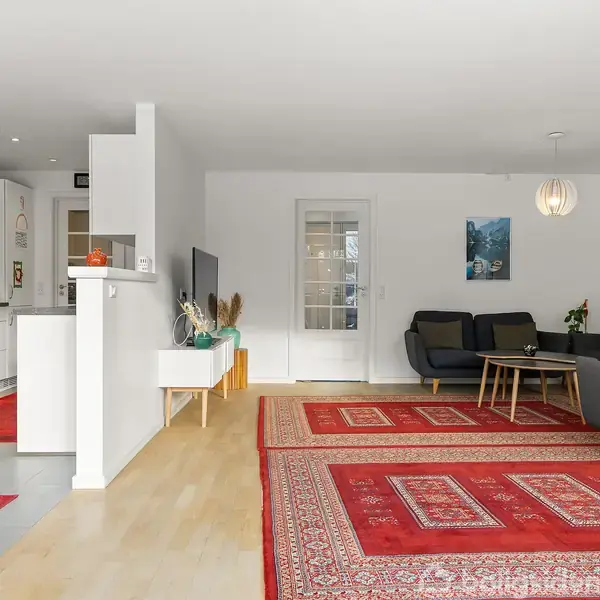 Stue med moderne møblering; grå sofaer og sofabord på røde tæpper. Åben forbindelse til køkken med hvide skabe og stående ovn. Vægge dekoreret med malerier, lyse atmosfære.