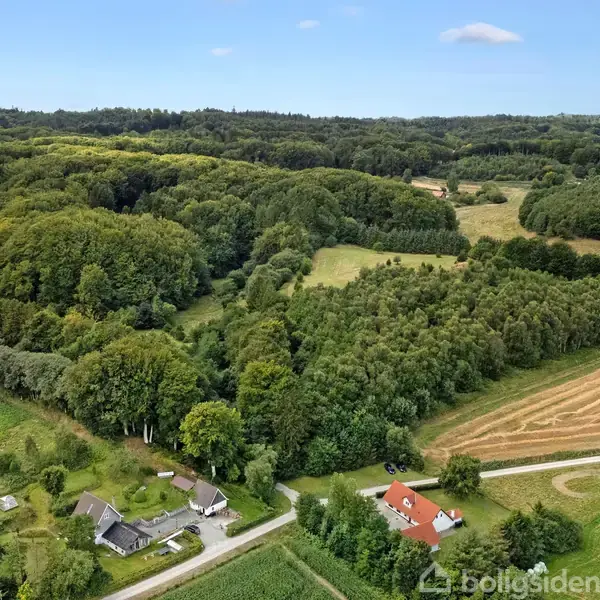 To huse ligger ved en skovklædt bakke i et landligt område med marker og græsarealer. En vej forbinder husene, og landskabet strækker sig i det fjerne under en blå himmel.