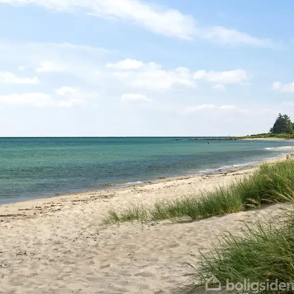 Strand med sand og græs; en person går langs kysten. Vandet er roligt og blåt under en let skyet himmel. En skovkant ses i baggrunden. Ingen tekst observeret.