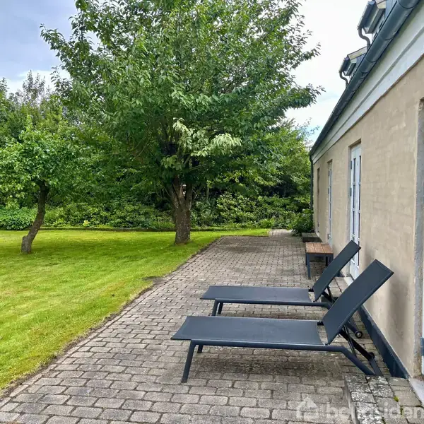 To liggestole står på en flisebelagt terrasse ved siden af et hus med store vinduer; omgivet af en grøn have med græsplæne og træer i baggrunden.