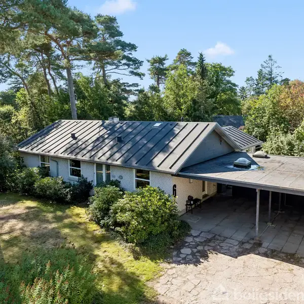 Hus med skifertag og carport, omkranset af frodige træer og buske, beliggende i en skovklædt have. Terrassen og indkørslen er synlige i forgrunden.