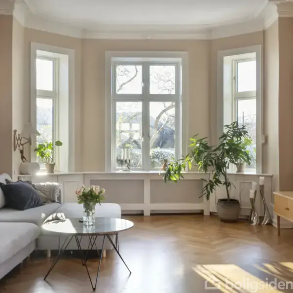 En stue med en lys sofa står ved siden af et rundt sofabord med blomster. Store vinduer bagved giver udsigt til en have. Væggene er dekoreret med kunst.