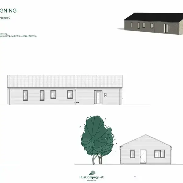 En facadetegning med tre visninger af et hus. Huset er aflangt med flere vinduer. To træer vises ved huset. Tekst: "FACADETEGNING Adresse: Irisvej 5, 9500 Hobro C Dato: 10.12.2015 Tegner: CEN Skala: 1:100".